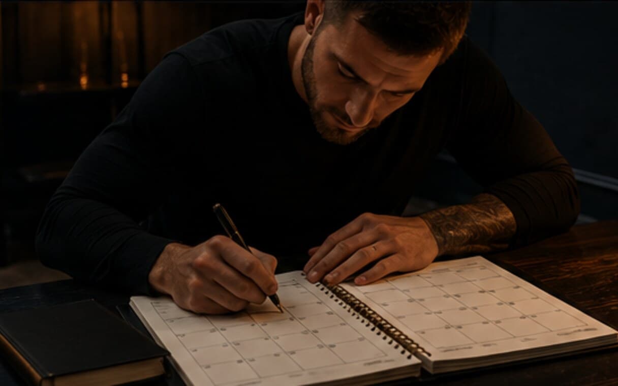 Writing the week ahead into a planner by lamplight