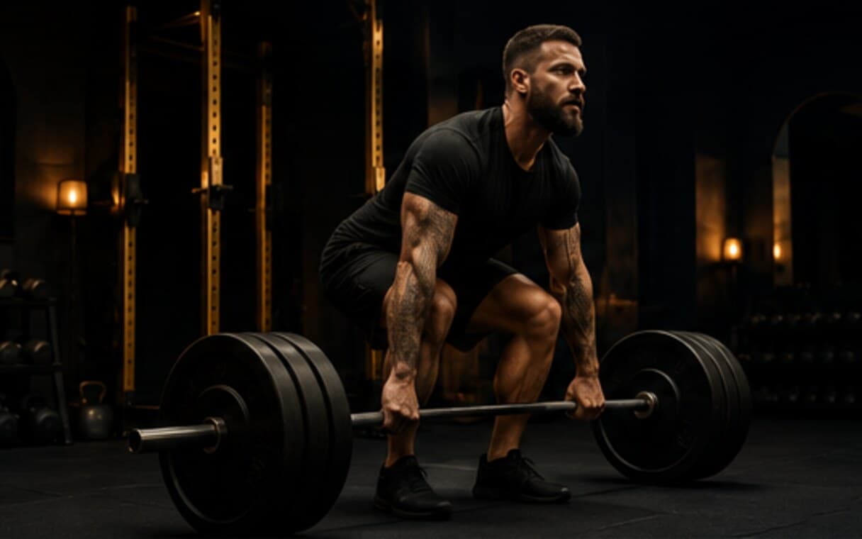 A lifter setting up under a loaded barbell